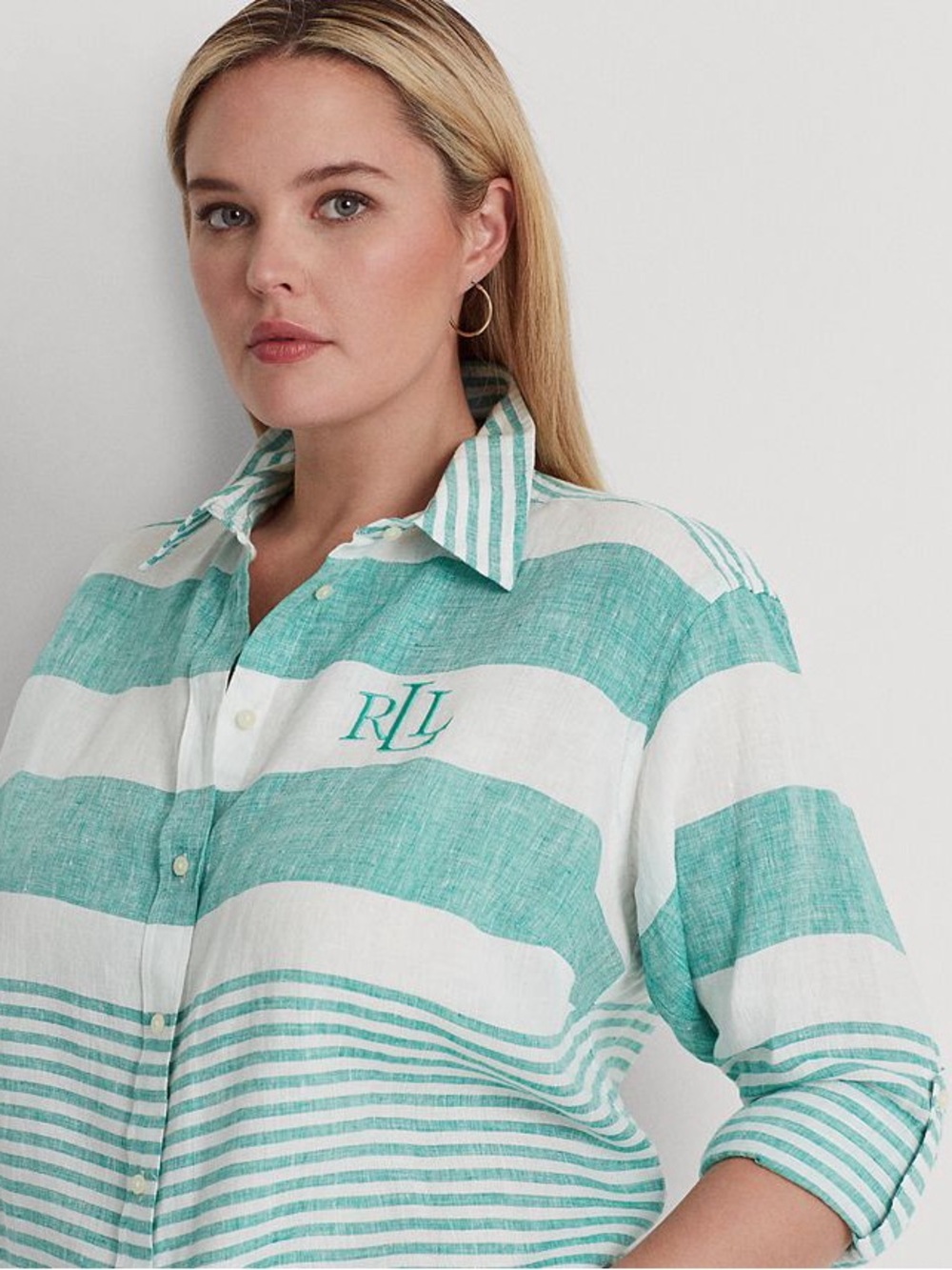 Lauren Ralph Lauren RLL Striped Button-Up Linen Shirt Green White Women’s Size L